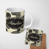 Personalized Custom Name Neutral Patch Blocks Black Beige Modern Abstract Pattern Lovely 11oz Ceramic Coffee Tea Mug White Large Handle
