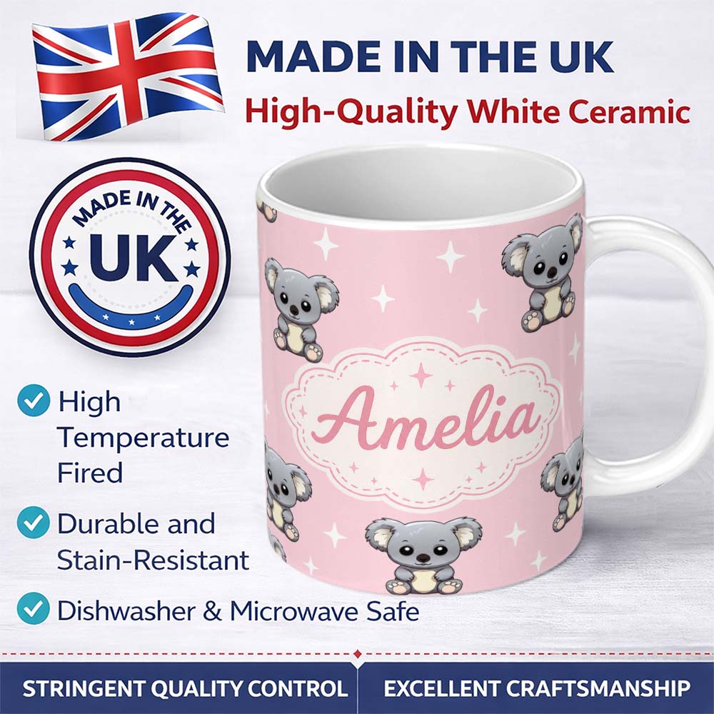Personalized Custom Name Cute Cartoon Koala Bears with White Stars on Soft Pink Background 11oz Ceramic Coffee Tea Mug White Large Handle