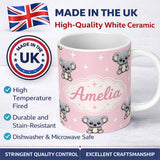 Personalized Custom Name Cute Cartoon Koala Bears with White Stars on Soft Pink Background 11oz Ceramic Coffee Tea Mug White Large Handle