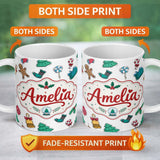 Personalized Custom Name Cute Gingerbread Cookie Ornament Bell Tree Seamless Pattern Lovely 11oz Ceramic Coffee Tea Mug White Large Handle