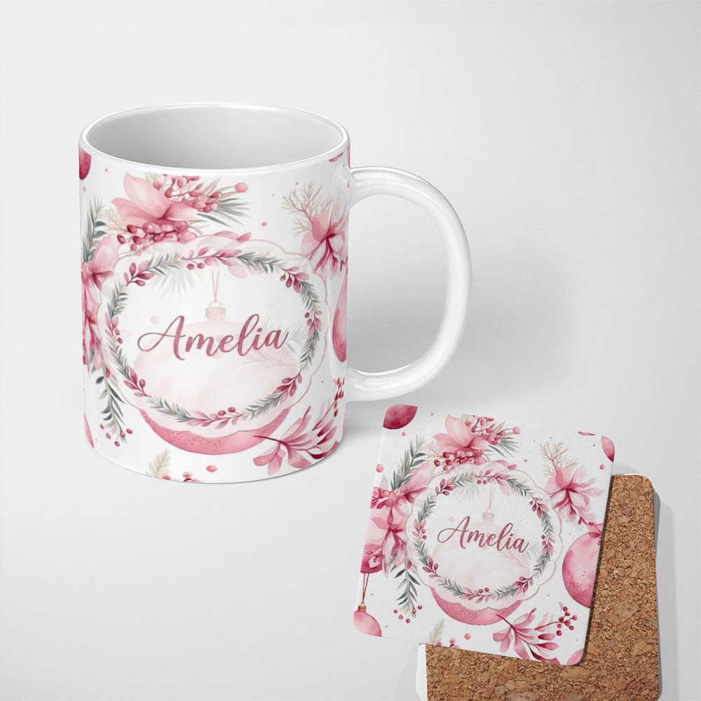 Personalized Custom Name Elegant Pink Watercolor Floral Baubles Winter Holiday Seamless 11oz Ceramic Coffee Tea Mug White Large Handle