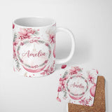 Personalized Custom Name Elegant Pink Watercolor Floral Baubles Winter Holiday Seamless 11oz Ceramic Coffee Tea Mug White Large Handle