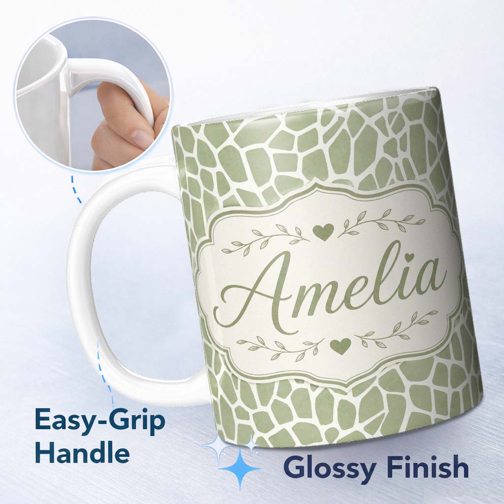 Personalized Custom Name Abstract Organic Giraffe Print Pattern in Soft Sage Green and Cream 11oz Ceramic Coffee Tea Mug White Large Handle