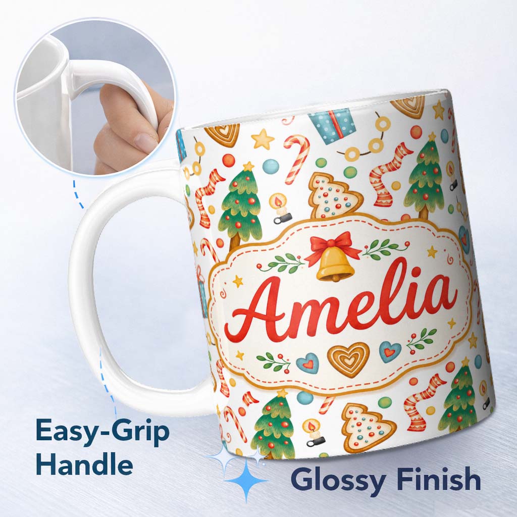 Personalized Custom Name Watercolor Christmas Tree Cookie Candy Festive Seamless Pattern 11oz Ceramic Coffee Tea Mug White Large Handle