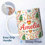 Personalized Custom Name Watercolor Christmas Tree Cookie Candy Festive Seamless Pattern 11oz Ceramic Coffee Tea Mug White Large Handle