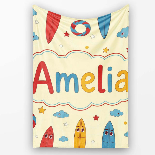 Cute Surfboards Lifebuoys Clouds and Stars Fun Summer Beach Seamless  Personalised Custom Name Super Soft Fleece Blanket Bed Sofa Throw