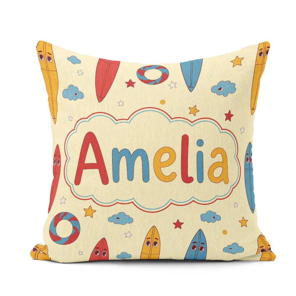 Custom Name Lifebuoys Clouds and Stars Fun Summer Beach Seamless Square Filled Cushion Throw Pillow Sofa Bed Home Decor Zip Washable UK Made