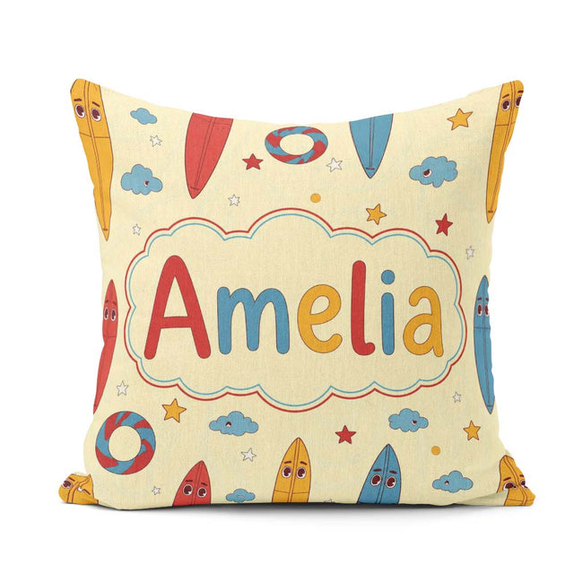 Custom Name Lifebuoys Clouds and Stars Fun Summer Beach Seamless Square Filled Cushion Throw Pillow Sofa Bed Home Decor Zip Washable UK Made