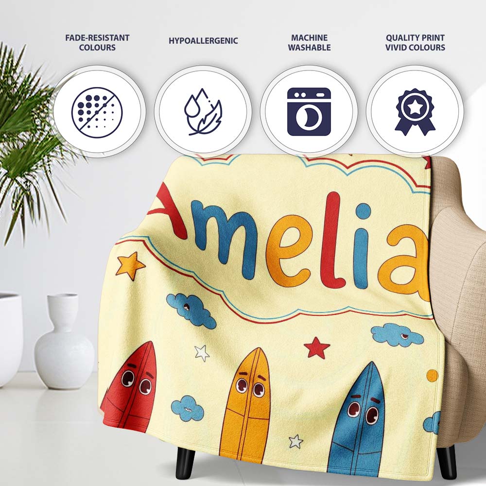 Cute Surfboards Lifebuoys Clouds and Stars Fun Summer Beach Seamless  Personalised Custom Name Super Soft Fleece Blanket Bed Sofa Throw
