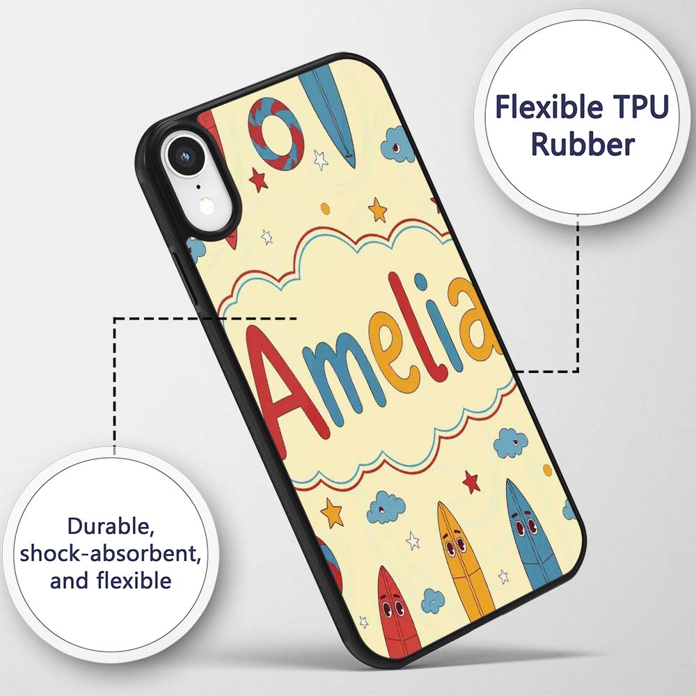 Cute Surfboards Lifebuoys Clouds and Stars Fun Custom Name Protective Phone Case Mobile Cover Durable Everyday Smartphone Shock Resistant