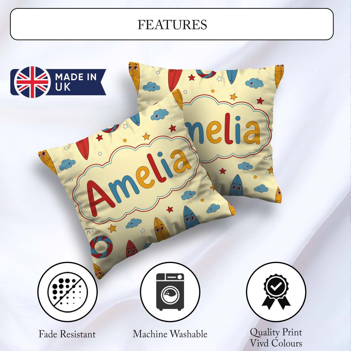 Custom Name Lifebuoys Clouds and Stars Fun Summer Beach Seamless Square Filled Cushion Throw Pillow Sofa Bed Home Decor Zip Washable UK Made