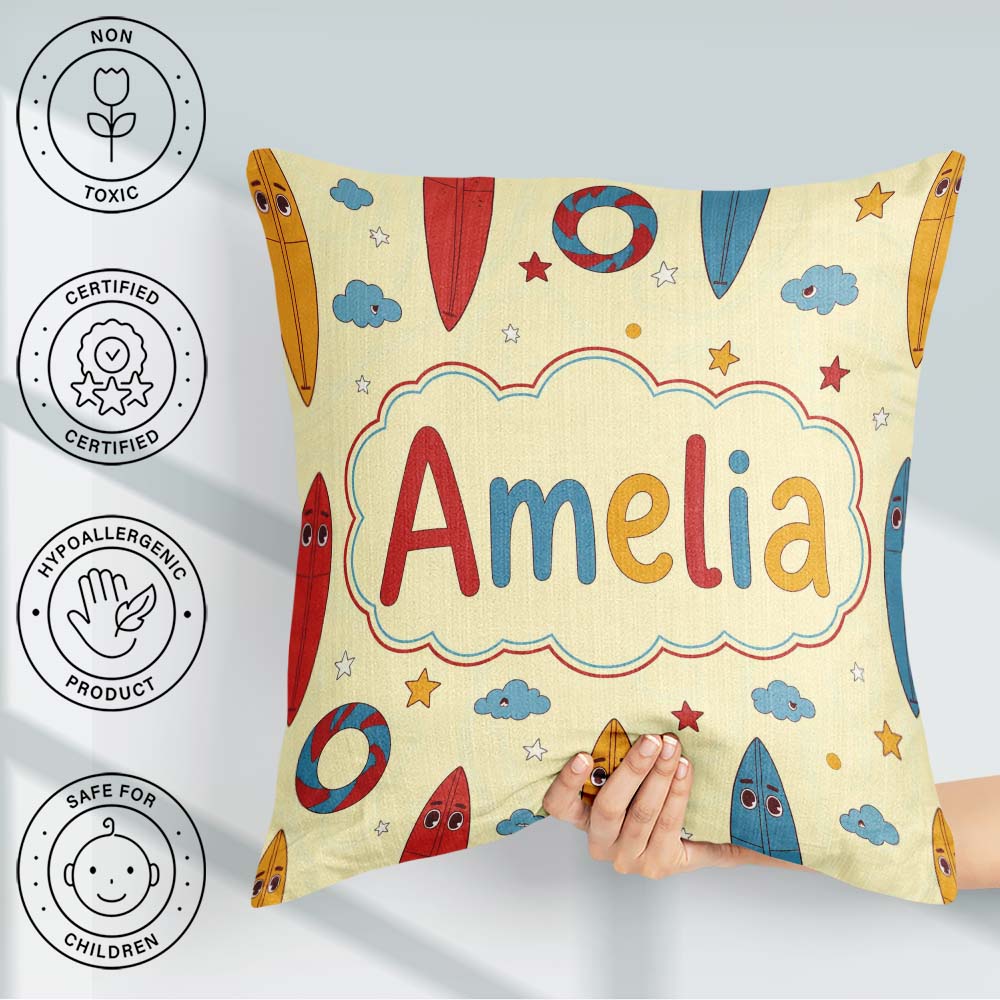 Custom Name Lifebuoys Clouds and Stars Fun Summer Beach Seamless Square Filled Cushion Throw Pillow Sofa Bed Home Decor Zip Washable UK Made