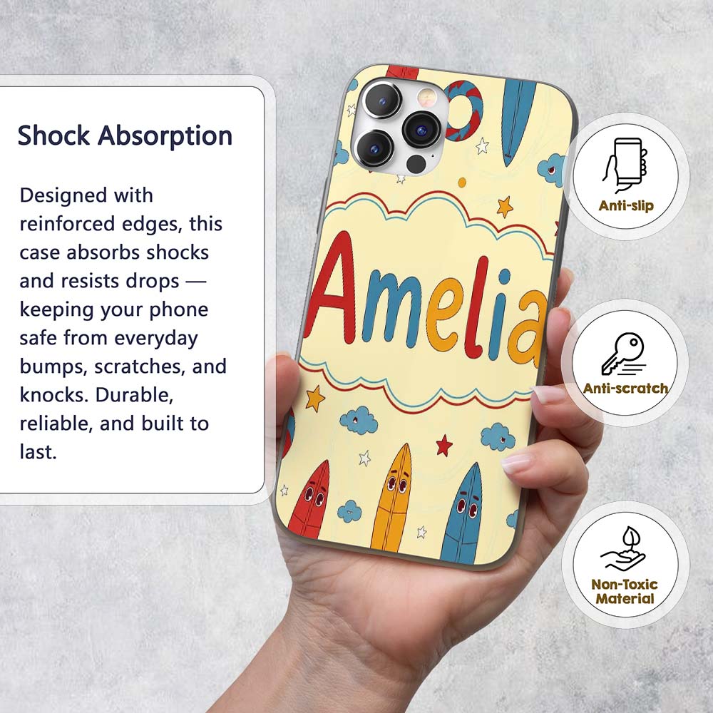 Cute Surfboards Lifebuoys Clouds and Stars Fun Custom Name Protective Phone Case Mobile Cover Durable Everyday Smartphone Shock Resistant