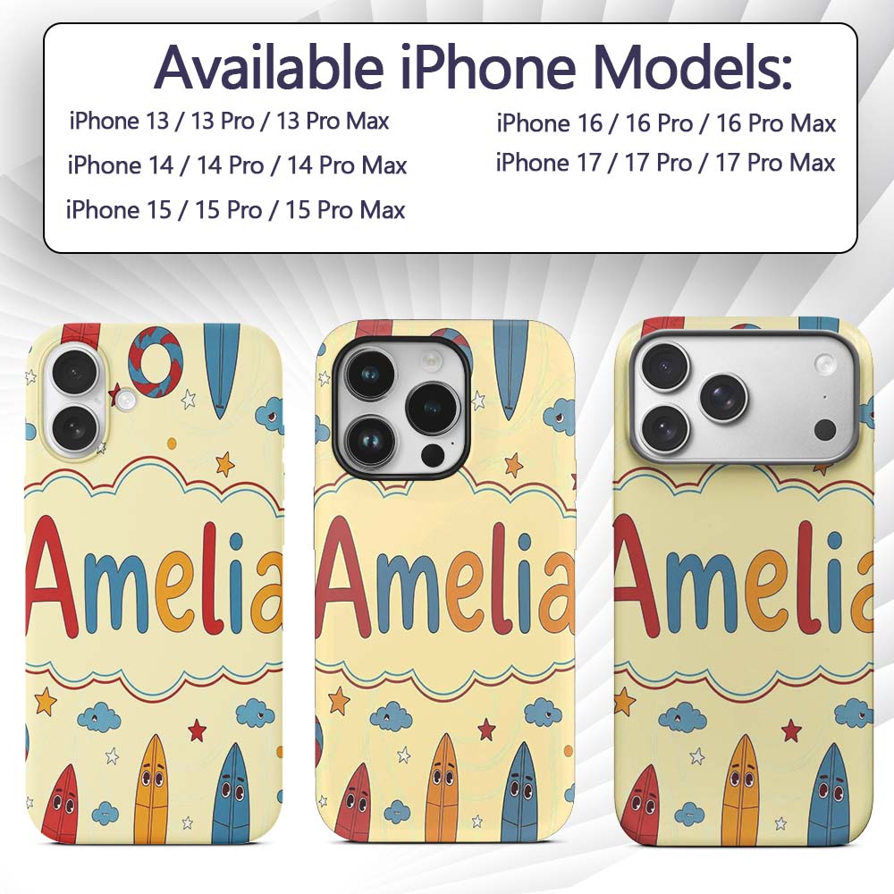 Cute Surfboards Lifebuoys Clouds and Stars Fun Custom Name Protective Phone Case Mobile Cover Durable Everyday Smartphone Shock Resistant