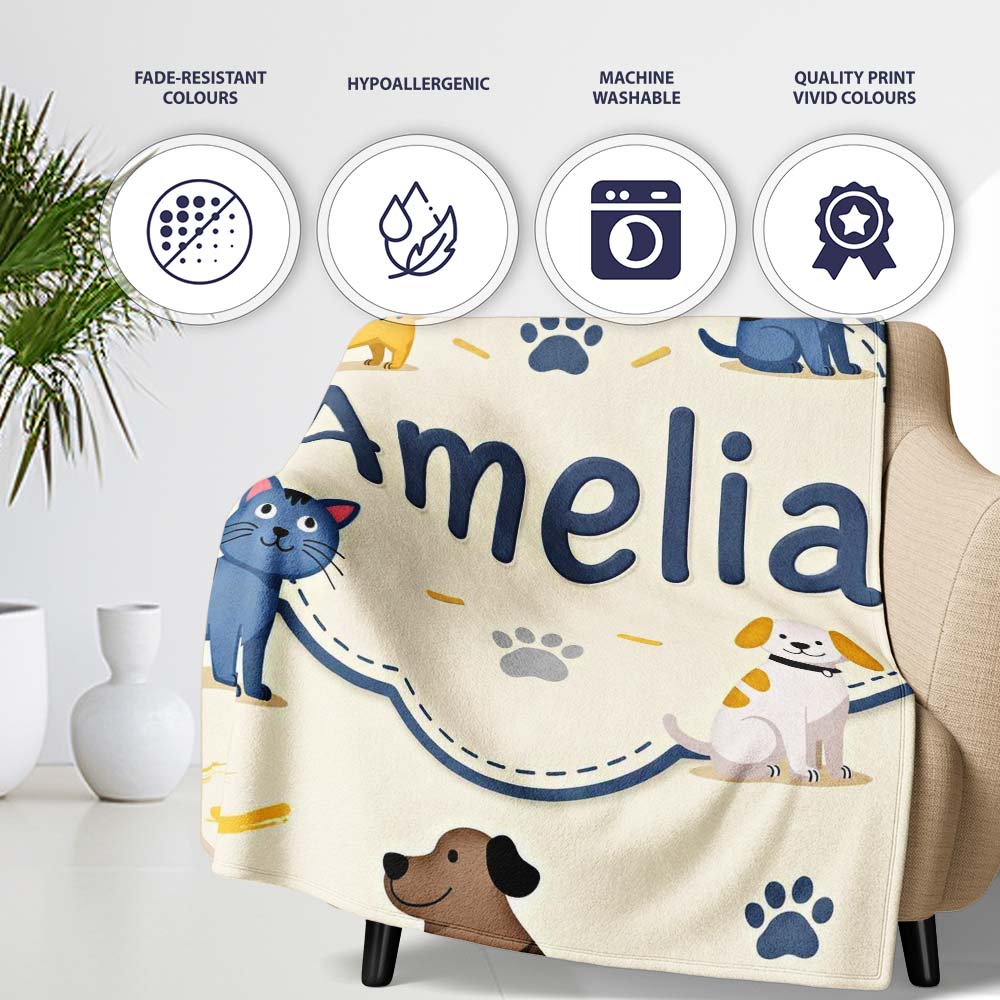 Cute Dogs and Cats with Paw Prints Playful Pet Seamless Pattern  Personalised Custom Name Super Soft Fleece Blanket Bed Sofa Throw