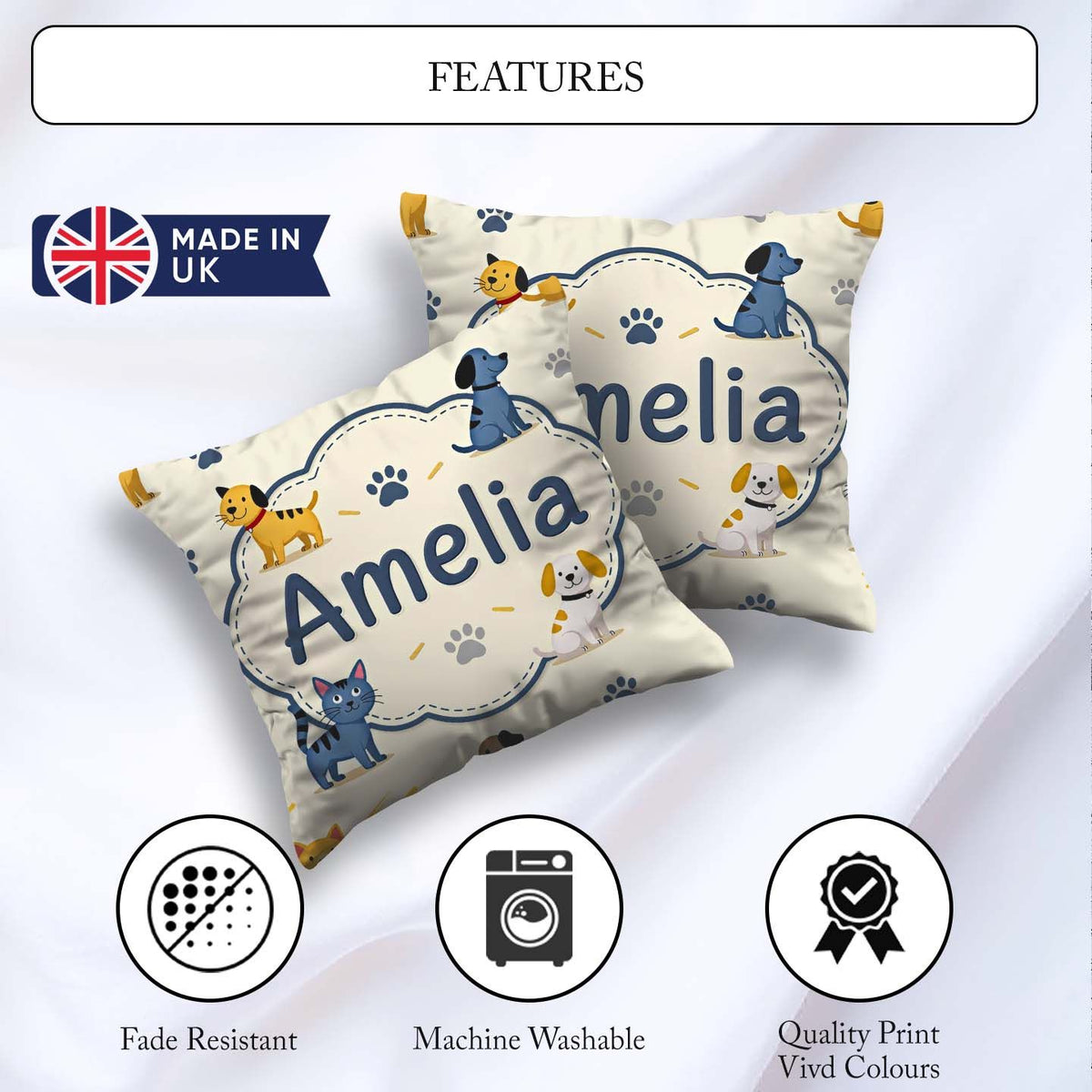 Custom Name Dogs and Cats with Paw Playful Pet Seamless Pattern Square Filled Cushion Throw Pillow Sofa Bed Home Decor Zip Washable UK Made