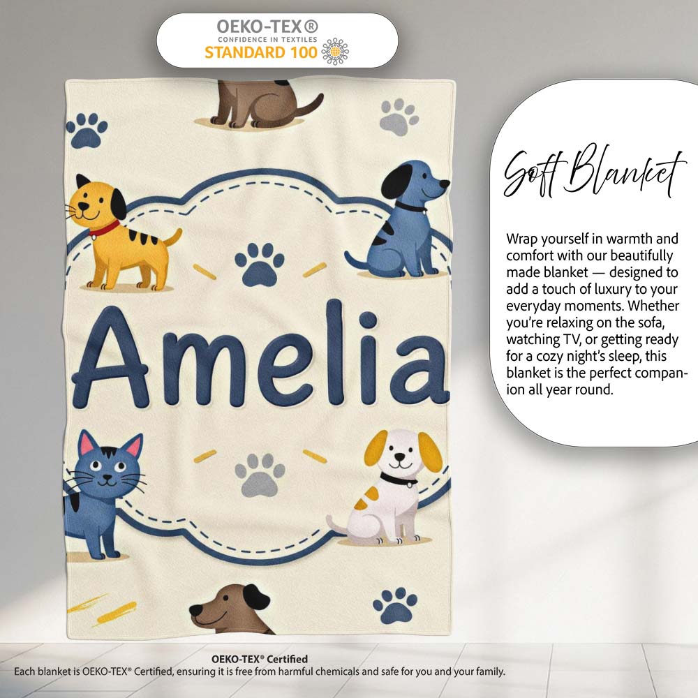 Cute Dogs and Cats with Paw Prints Playful Pet Seamless Pattern  Personalised Custom Name Super Soft Fleece Blanket Bed Sofa Throw