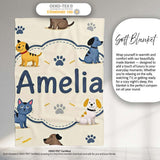 Cute Dogs and Cats with Paw Prints Playful Pet Seamless Pattern  Personalised Custom Name Super Soft Fleece Blanket Bed Sofa Throw