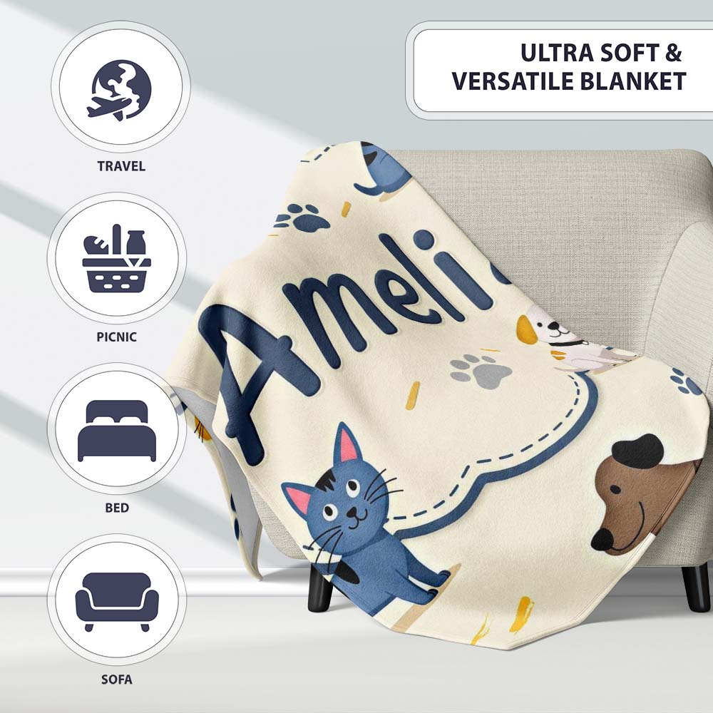 Cute Dogs and Cats with Paw Prints Playful Pet Seamless Pattern  Personalised Custom Name Super Soft Fleece Blanket Bed Sofa Throw