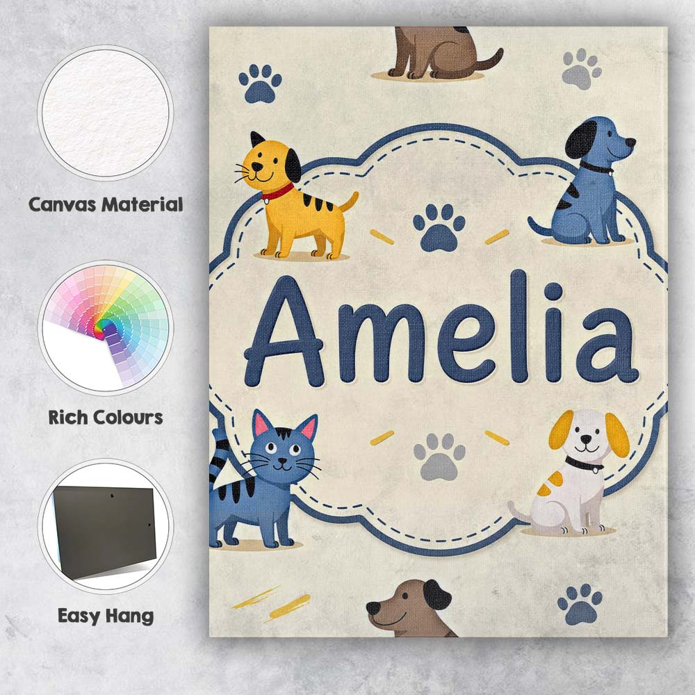 Personalised Name Cute Dogs and Cats with Custom  Unique Gift Idea Elegant Feature Canvas Wall Art Print Decor Picture Ready to Hang