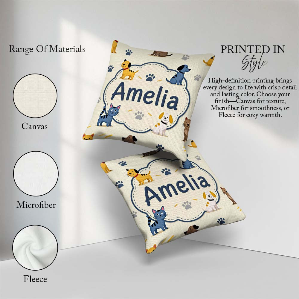 Custom Name Dogs and Cats with Paw Playful Pet Seamless Pattern Square Filled Cushion Throw Pillow Sofa Bed Home Decor Zip Washable UK Made