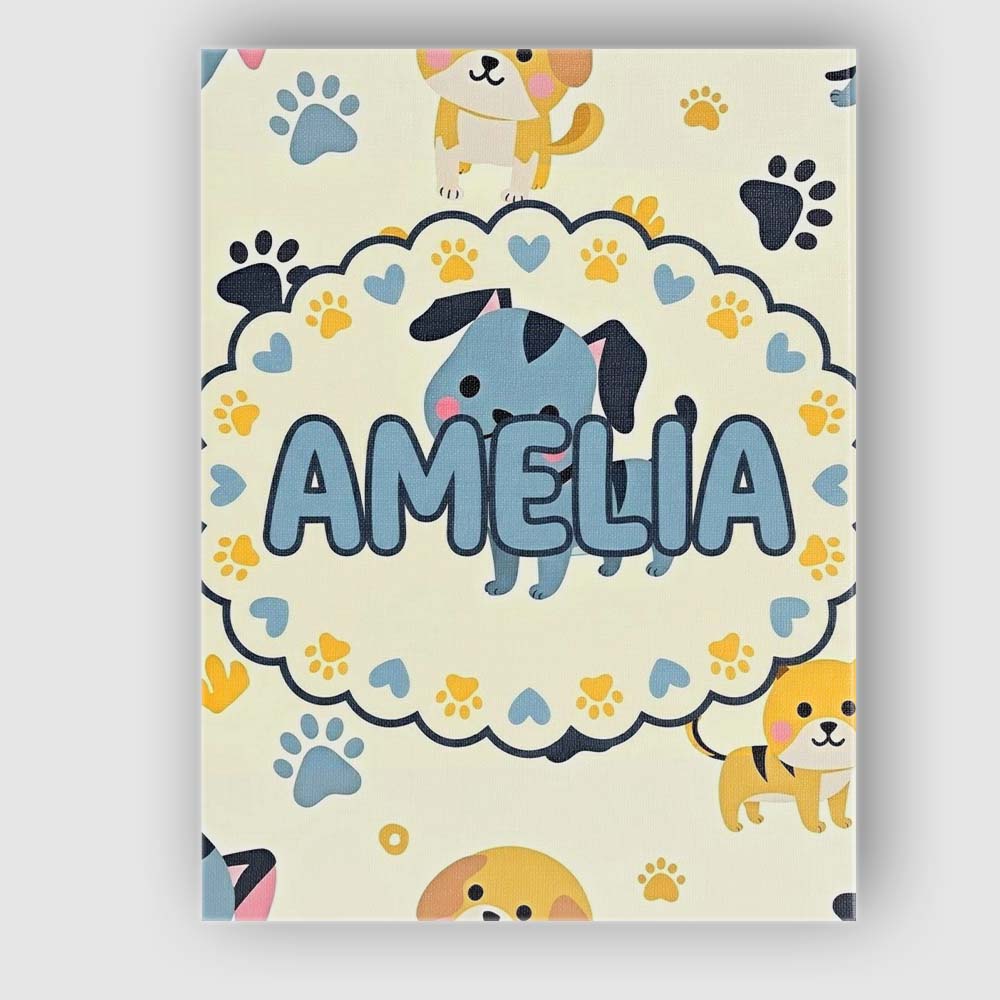 Personalised Name Cute Cartoon Puppies and Custom  Unique Gift Idea Elegant Feature Canvas Wall Art Print Decor Picture Ready to Hang