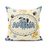 Custom Name Cartoon Puppies and Paw Prints Kawaii Style Seamless Square Filled Cushion Throw Pillow Sofa Bed Home Decor Zip Washable UK Made
