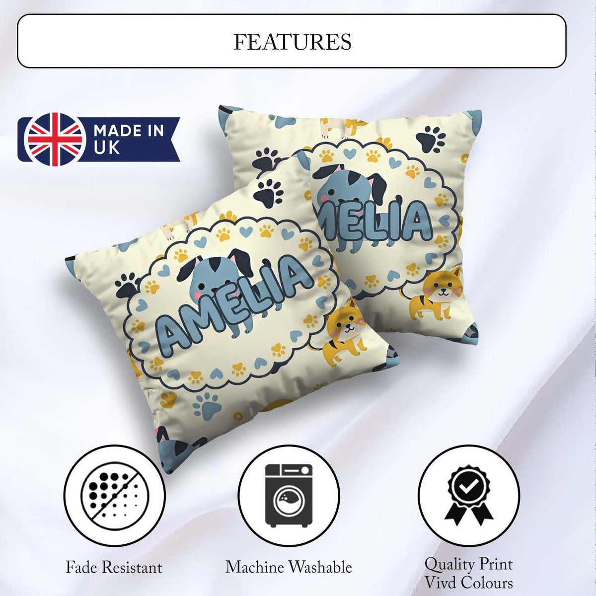 Custom Name Cartoon Puppies and Paw Prints Kawaii Style Seamless Square Filled Cushion Throw Pillow Sofa Bed Home Decor Zip Washable UK Made