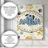Personalised Name Cute Cartoon Puppies and Custom  Unique Gift Idea Elegant Feature Canvas Wall Art Print Decor Picture Ready to Hang