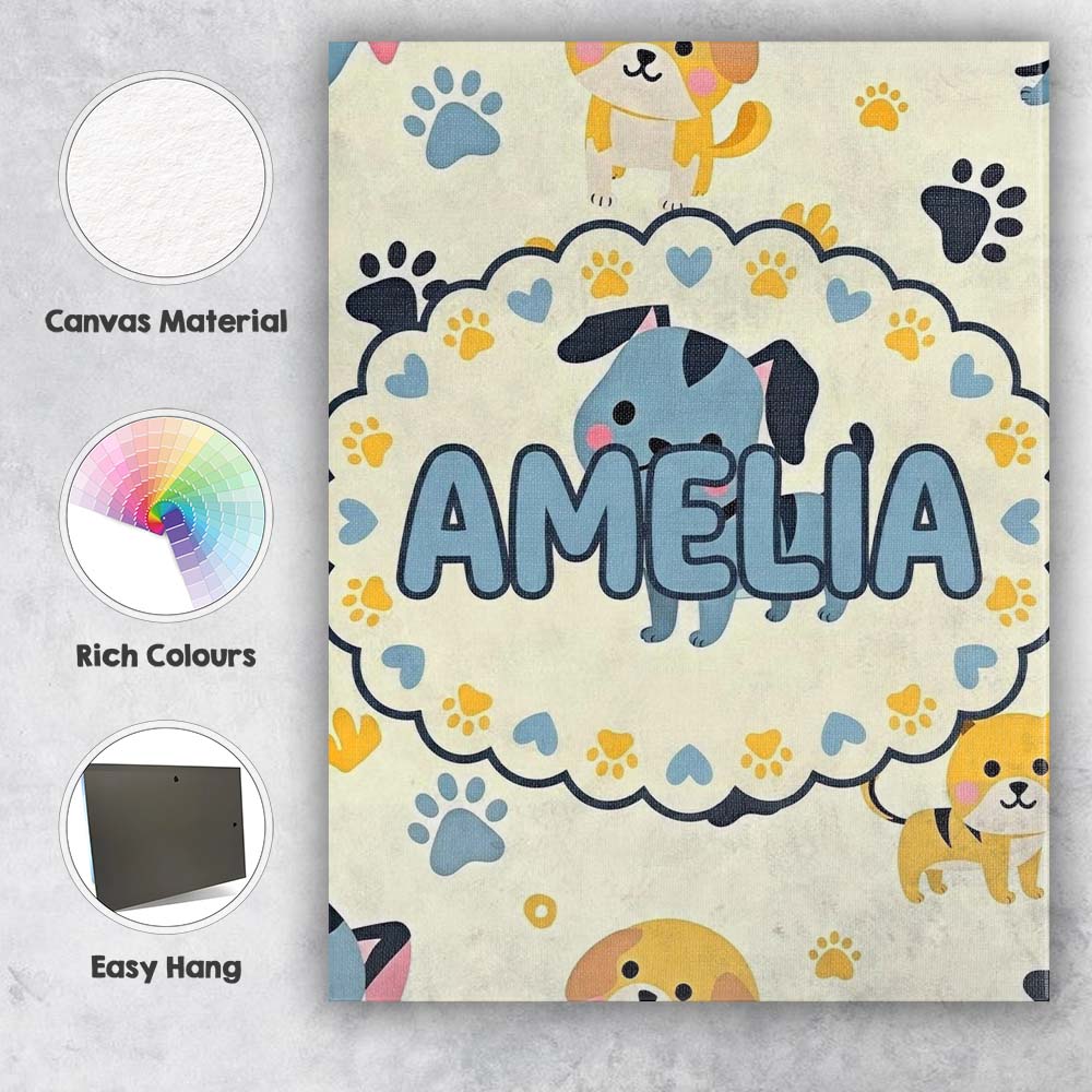 Personalised Name Cute Cartoon Puppies and Custom  Unique Gift Idea Elegant Feature Canvas Wall Art Print Decor Picture Ready to Hang