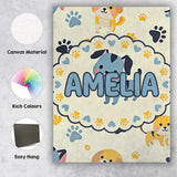 Personalised Name Cute Cartoon Puppies and Custom  Unique Gift Idea Elegant Feature Canvas Wall Art Print Decor Picture Ready to Hang