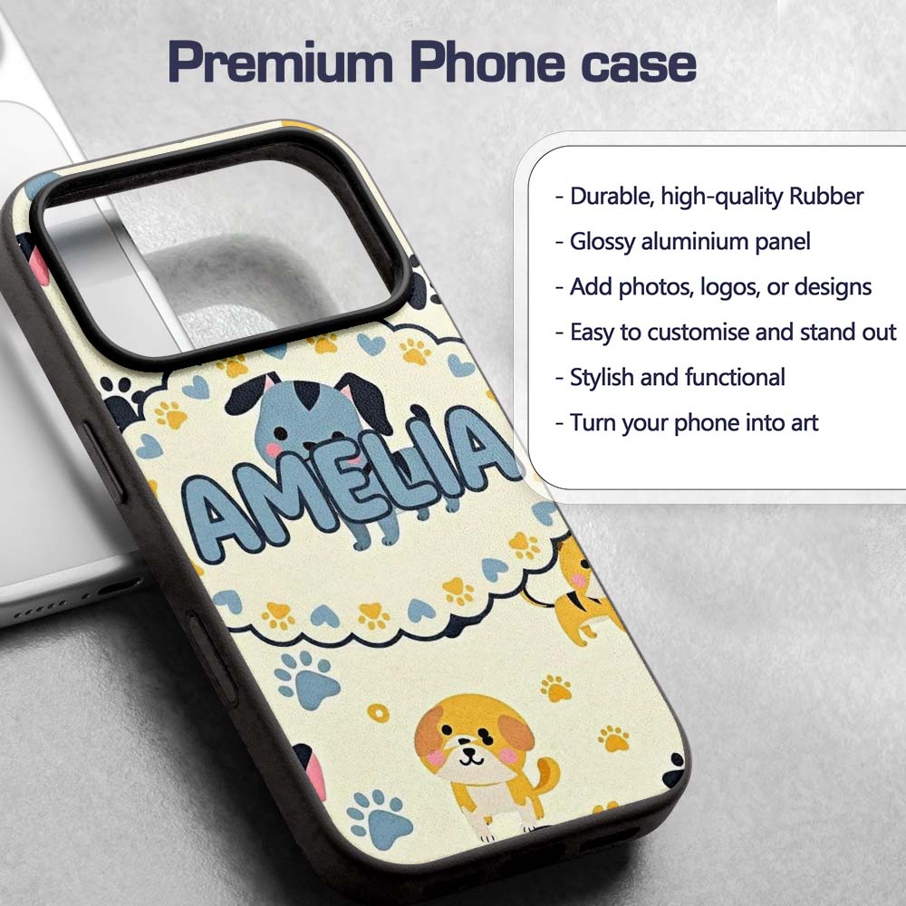 Cute Cartoon Puppies and Paw Prints Kawaii Style Custom Name Protective Phone Case Mobile Cover Durable Everyday Smartphone Shock Resistant