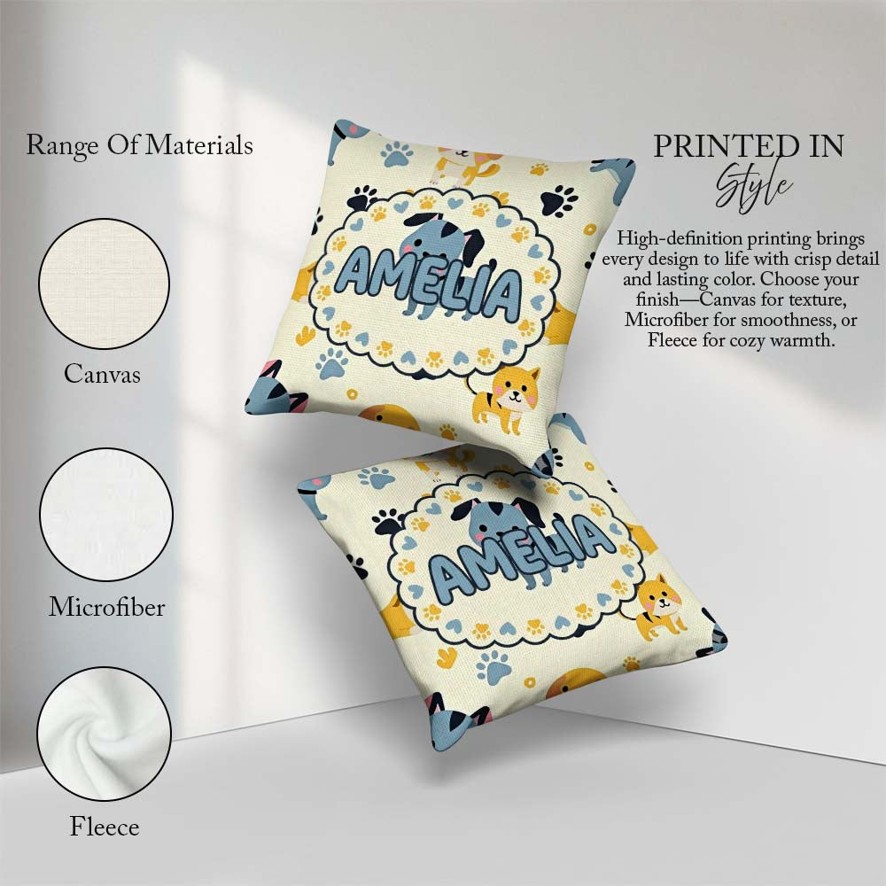 Custom Name Cartoon Puppies and Paw Prints Kawaii Style Seamless Square Filled Cushion Throw Pillow Sofa Bed Home Decor Zip Washable UK Made