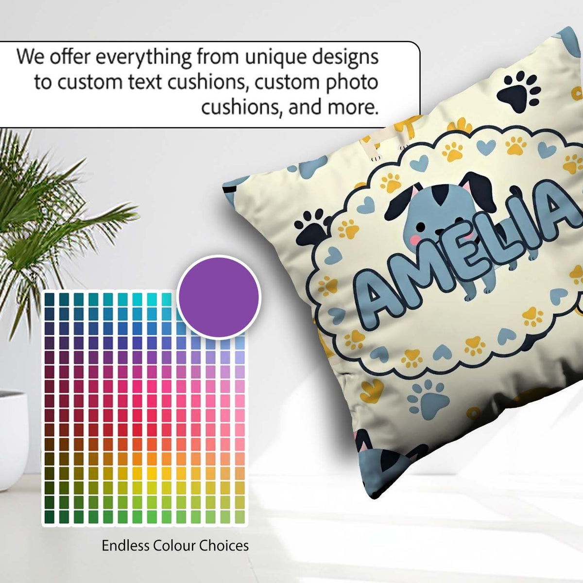 Custom Name Cartoon Puppies and Paw Prints Kawaii Style Seamless Square Filled Cushion Throw Pillow Sofa Bed Home Decor Zip Washable UK Made