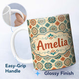 Personalized Custom Name Boho Mandala Floral Medallion Teal Coral Seamless Pattern Lovely 11oz Ceramic Coffee Tea Mug White Large Handle