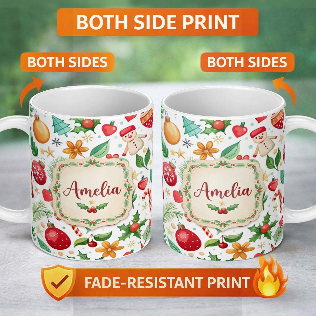 Personalized Custom Name Cute Christmas Tree Bauble Candy Cane Snowman Seamless Pattern 11oz Ceramic Coffee Tea Mug White Large Handle