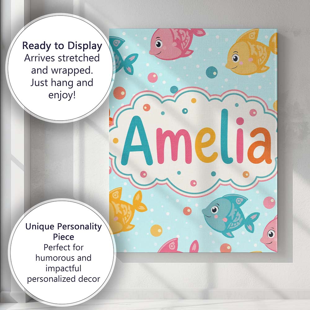 Personalised Name Cute Colorful Fish Ocean Custom  Unique Gift Idea Elegant Feature Canvas Wall Art Print Decor Picture Ready to Hang