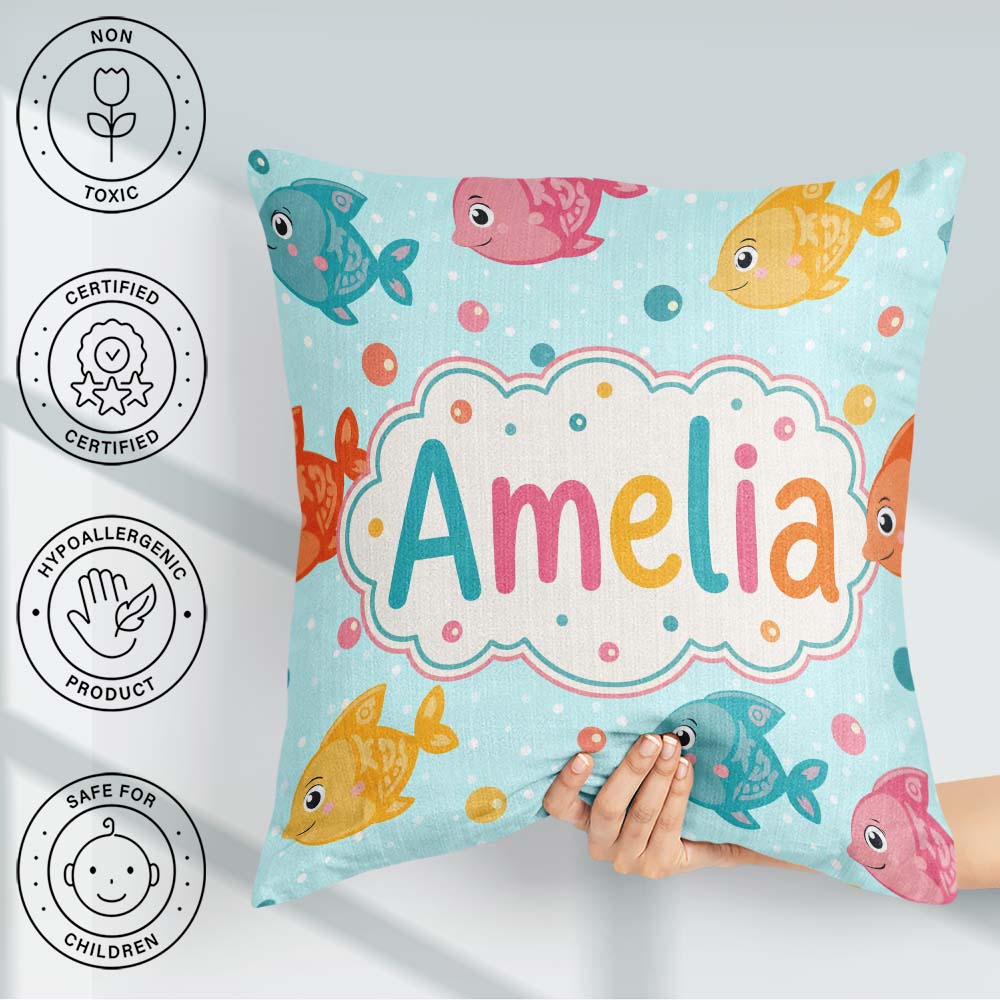Custom Name Cute Colorful Fish Ocean Bubbles Underwater Seamless Square Filled Cushion Throw Pillow Sofa Bed Home Decor Zip Washable UK Made