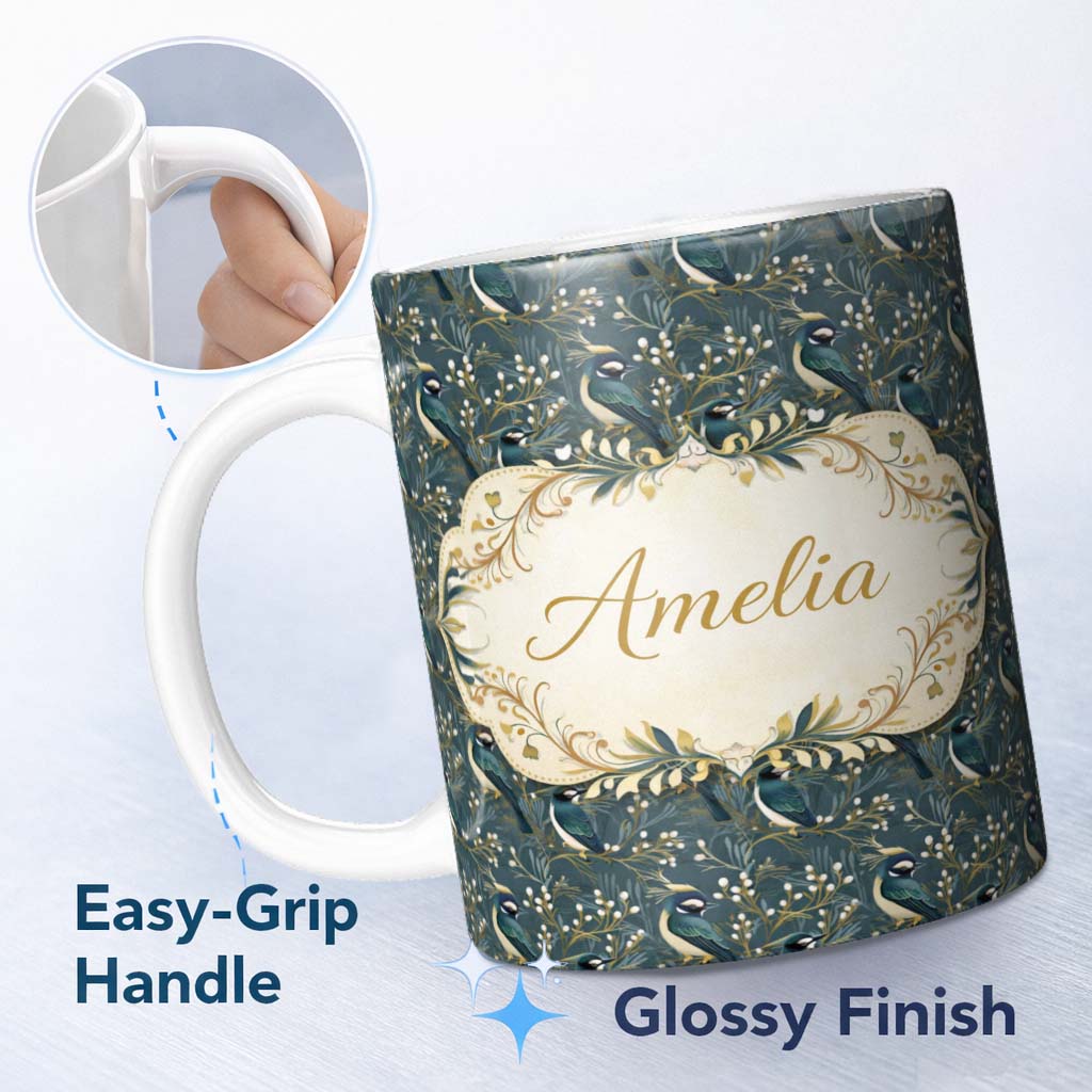 Personalized Custom Name Teal Bird Gold Branch White Berry Elegant Seamless Pattern Lovely 11oz Ceramic Coffee Tea Mug White Large Handle