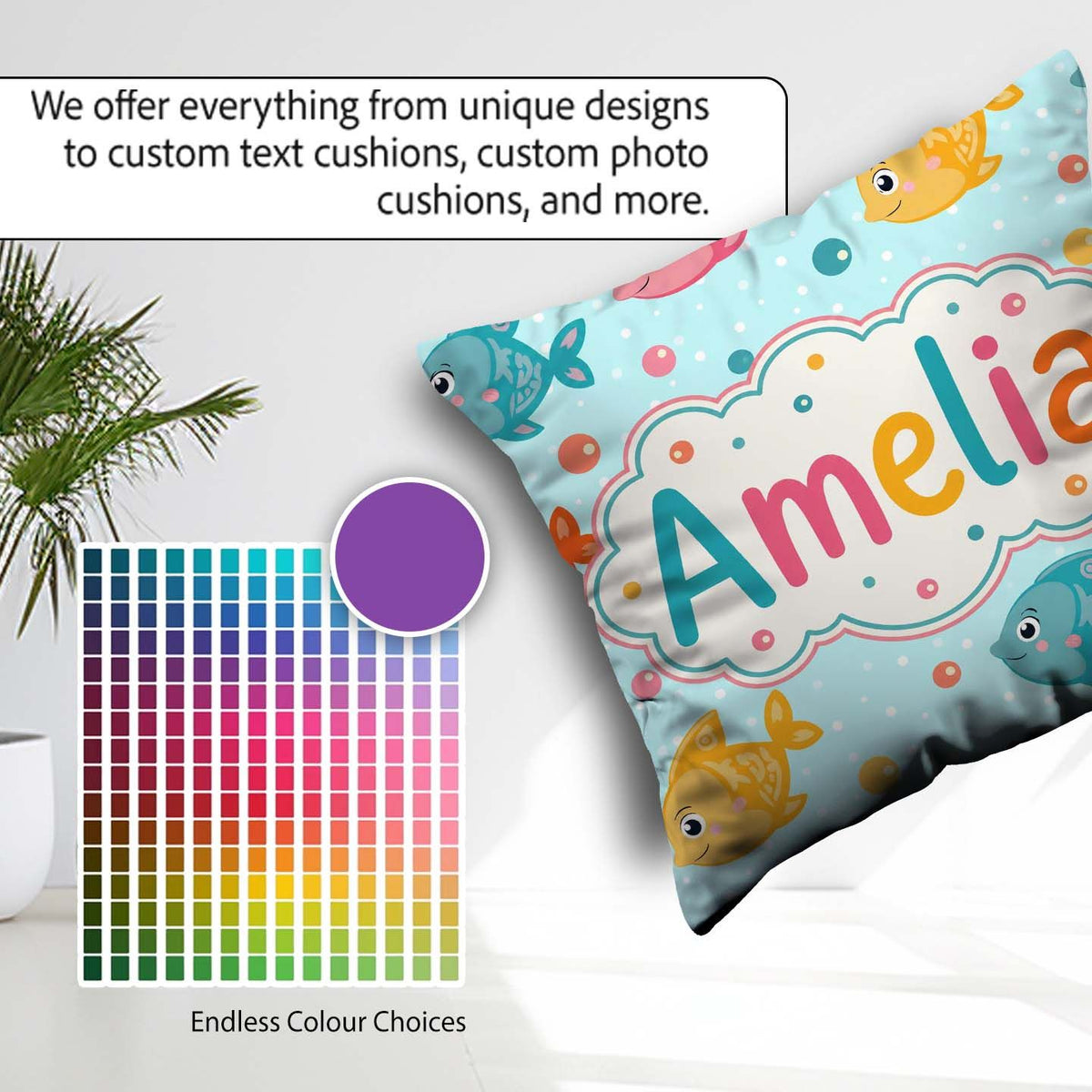 Custom Name Cute Colorful Fish Ocean Bubbles Underwater Seamless Square Filled Cushion Throw Pillow Sofa Bed Home Decor Zip Washable UK Made