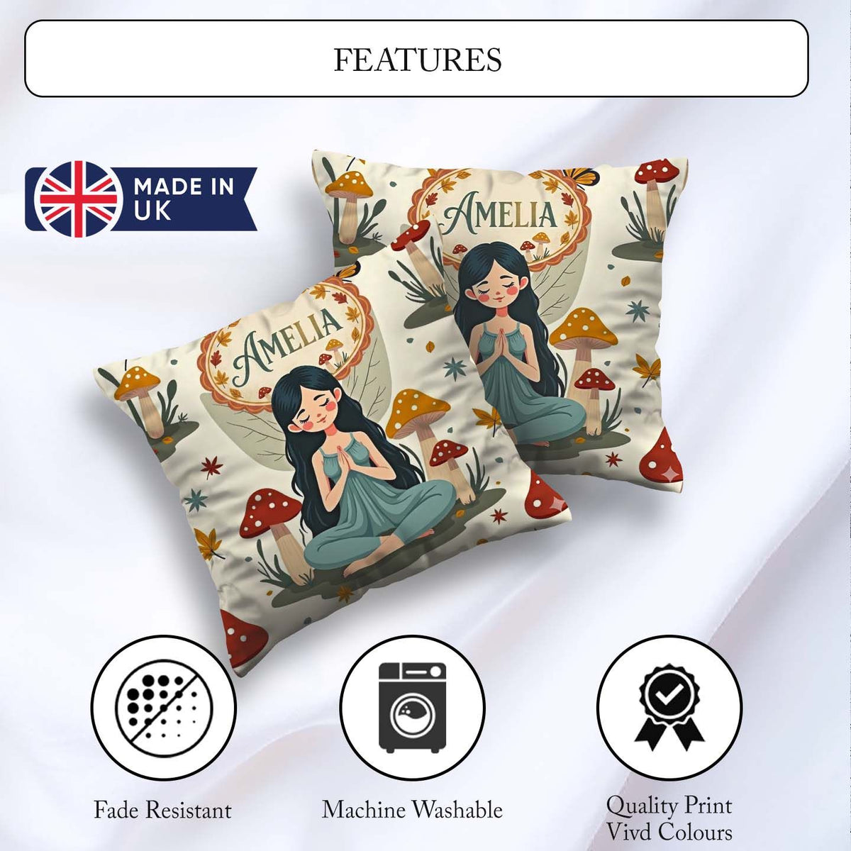 Custom Name Fairy with Mushrooms Autumn Leaves Seamless Pattern Square Filled Cushion Throw Pillow Sofa Bed Home Decor Zip Washable UK Made