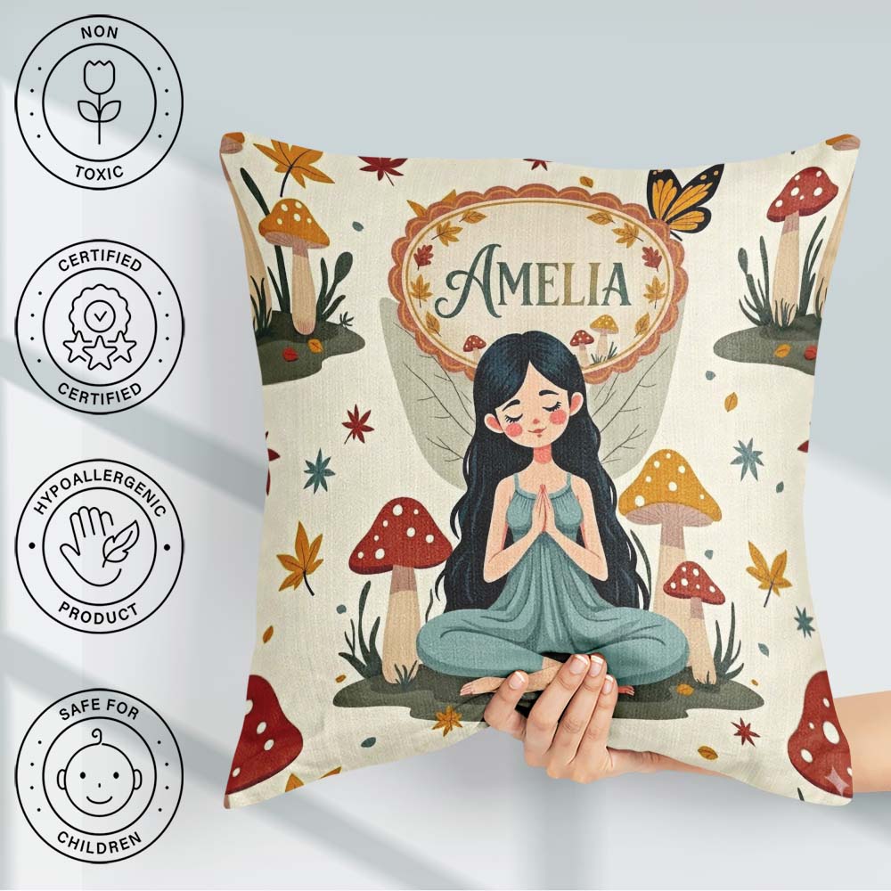 Custom Name Fairy with Mushrooms Autumn Leaves Seamless Pattern Square Filled Cushion Throw Pillow Sofa Bed Home Decor Zip Washable UK Made