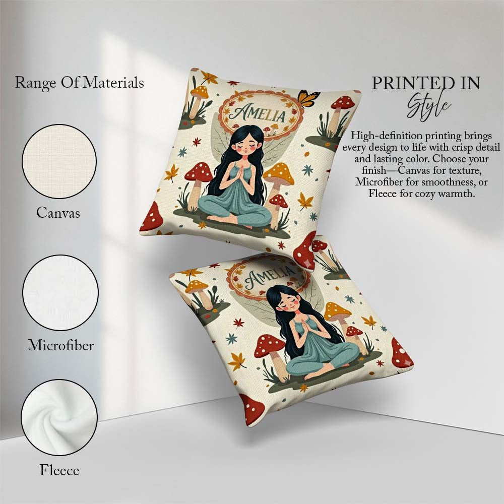 Custom Name Fairy with Mushrooms Autumn Leaves Seamless Pattern Square Filled Cushion Throw Pillow Sofa Bed Home Decor Zip Washable UK Made
