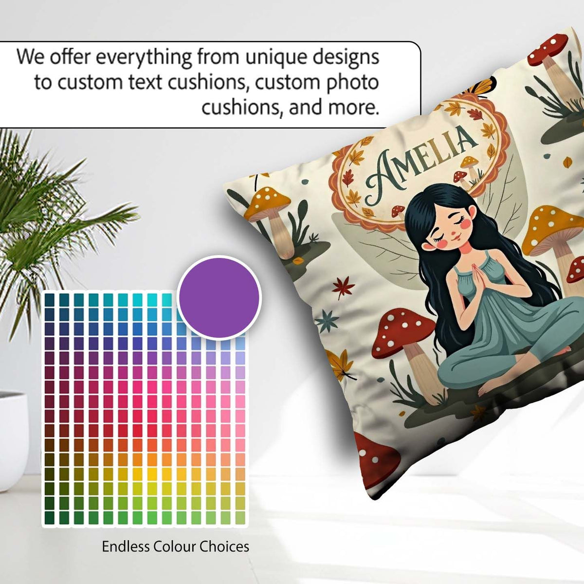 Custom Name Fairy with Mushrooms Autumn Leaves Seamless Pattern Square Filled Cushion Throw Pillow Sofa Bed Home Decor Zip Washable UK Made