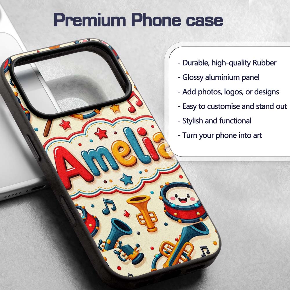 Cute Musical Instruments Drums Trumpets Notes Fun Custom Name Protective Phone Case Mobile Cover Durable Everyday Smartphone Shock Resistant
