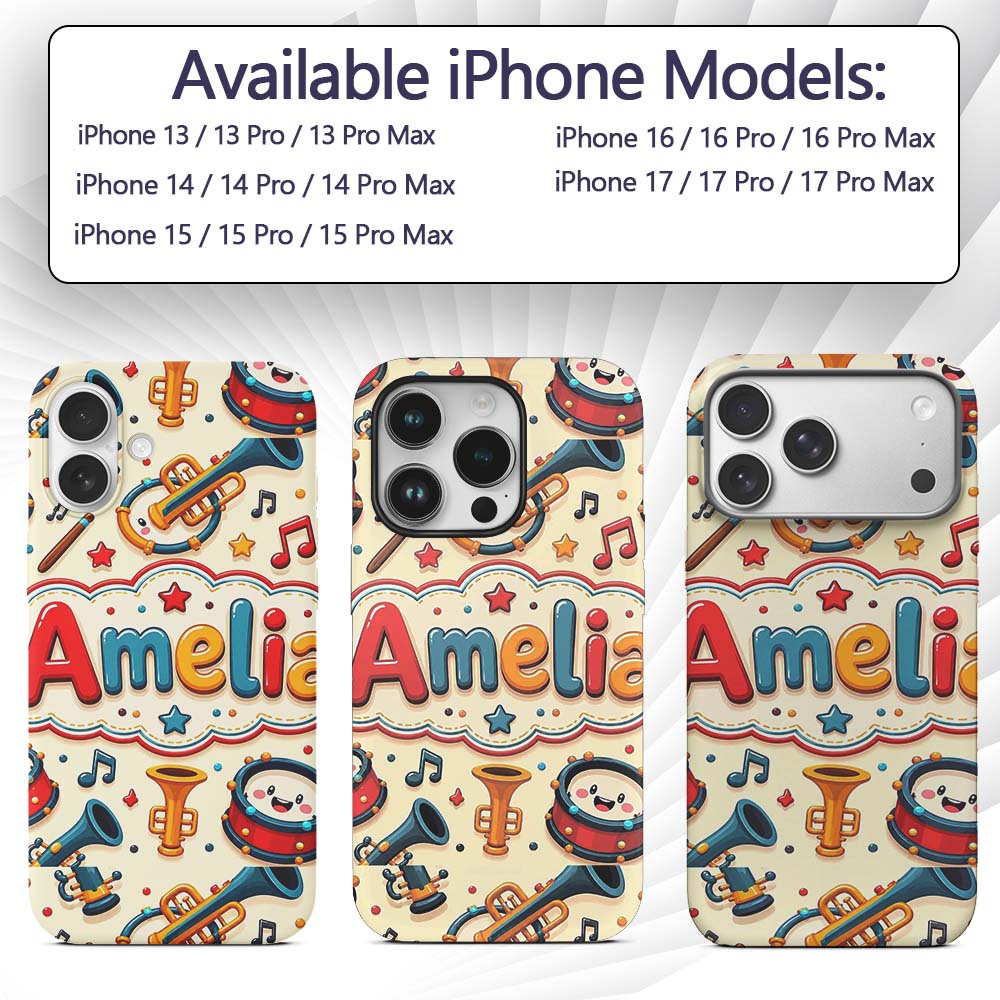 Cute Musical Instruments Drums Trumpets Notes Fun Custom Name Protective Phone Case Mobile Cover Durable Everyday Smartphone Shock Resistant