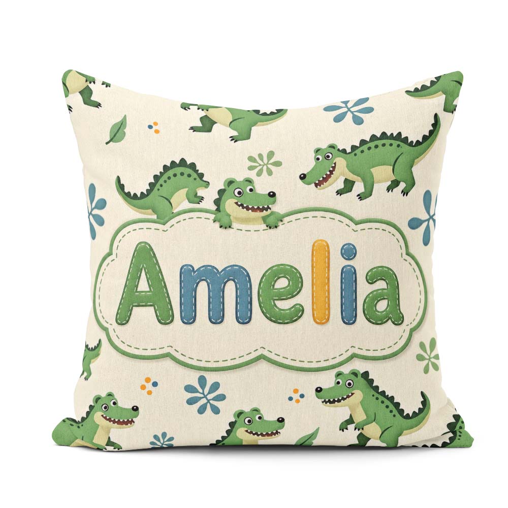 Custom Name Cute Cartoon Crocodiles Jungle Leaves Playful Animal Square Filled Cushion Throw Pillow Sofa Bed Home Decor Zip Washable UK Made