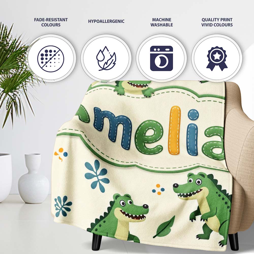 Cute Cartoon Crocodiles Jungle Leaves Playful Animal Seamless Lovely  Personalised Custom Name Super Soft Fleece Blanket Bed Sofa Throw