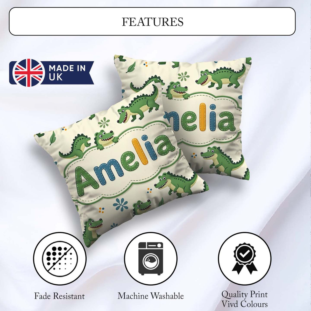 Custom Name Cute Cartoon Crocodiles Jungle Leaves Playful Animal Square Filled Cushion Throw Pillow Sofa Bed Home Decor Zip Washable UK Made