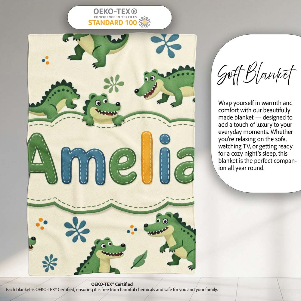 Cute Cartoon Crocodiles Jungle Leaves Playful Animal Seamless Lovely  Personalised Custom Name Super Soft Fleece Blanket Bed Sofa Throw